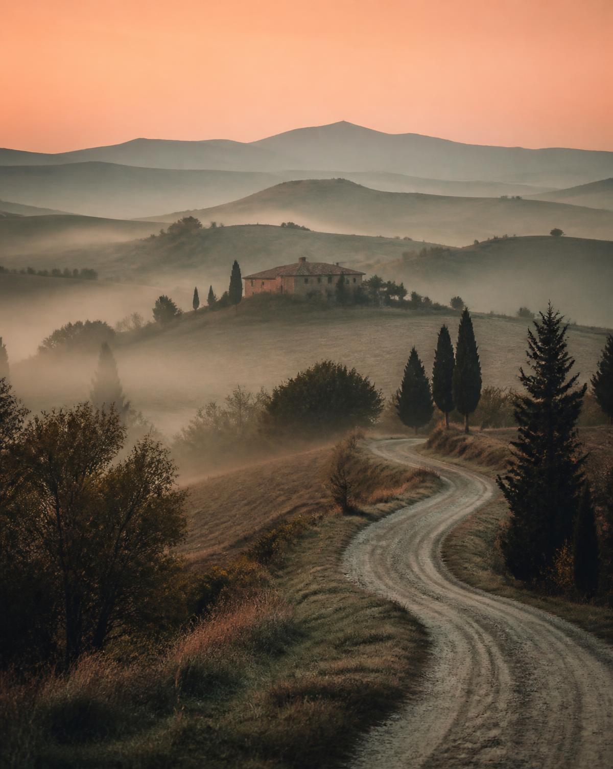 A misty hillside at dawn with an old farmhouse and a winding road